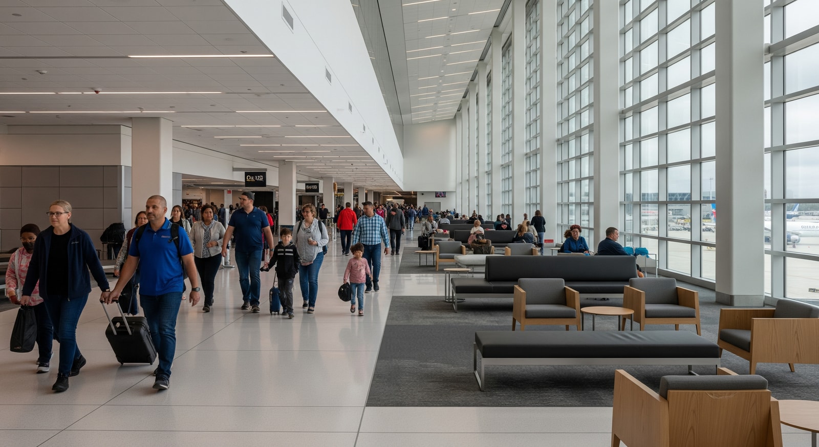 Passengers walking through CLT's new terminal area with large windows and modern seating — airport expansion interior