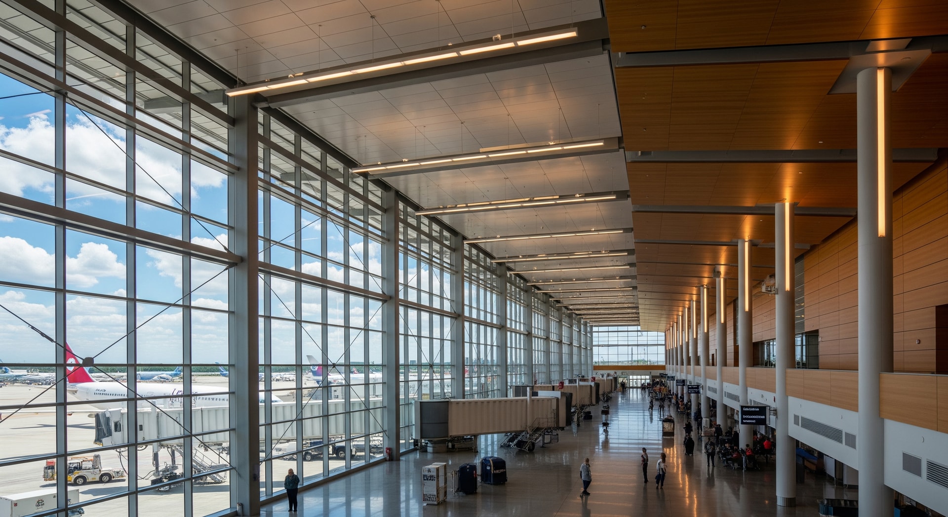 Interior view of Charlotte Douglas International Airport new terminal expansion with high ceilings and large windows