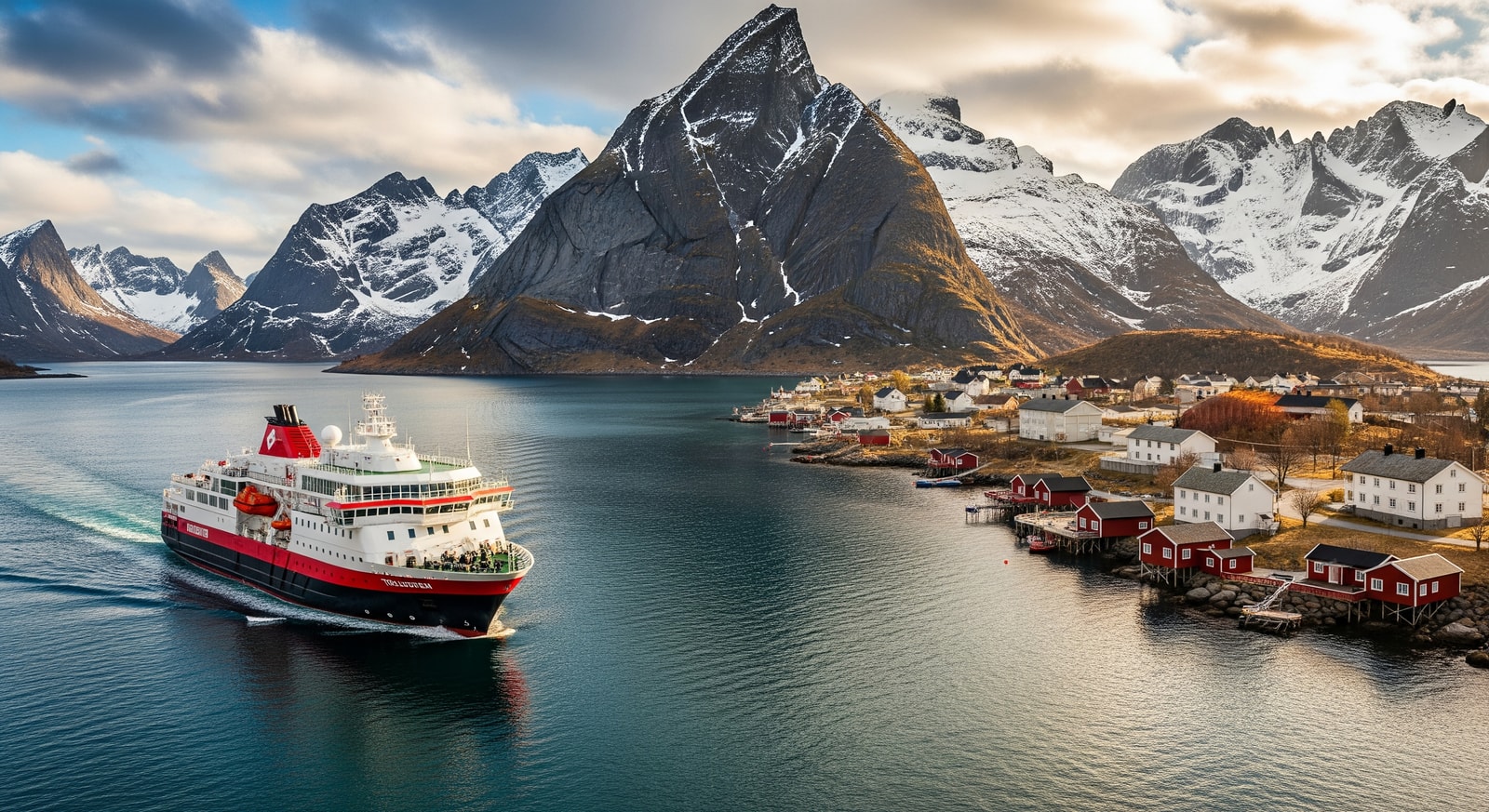 MS Trollfjord in Norwegian fjords near Lofoten with coastal villages and mountains, highlighting Hurtigruten voyages and Arctic tourism