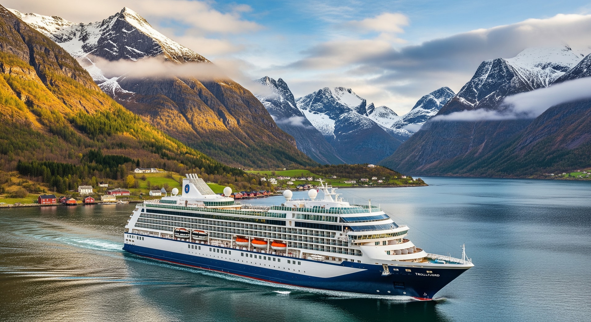 MS Trollfjord navigating Norwegian fjords with snow-capped peaks and coastal villages in view