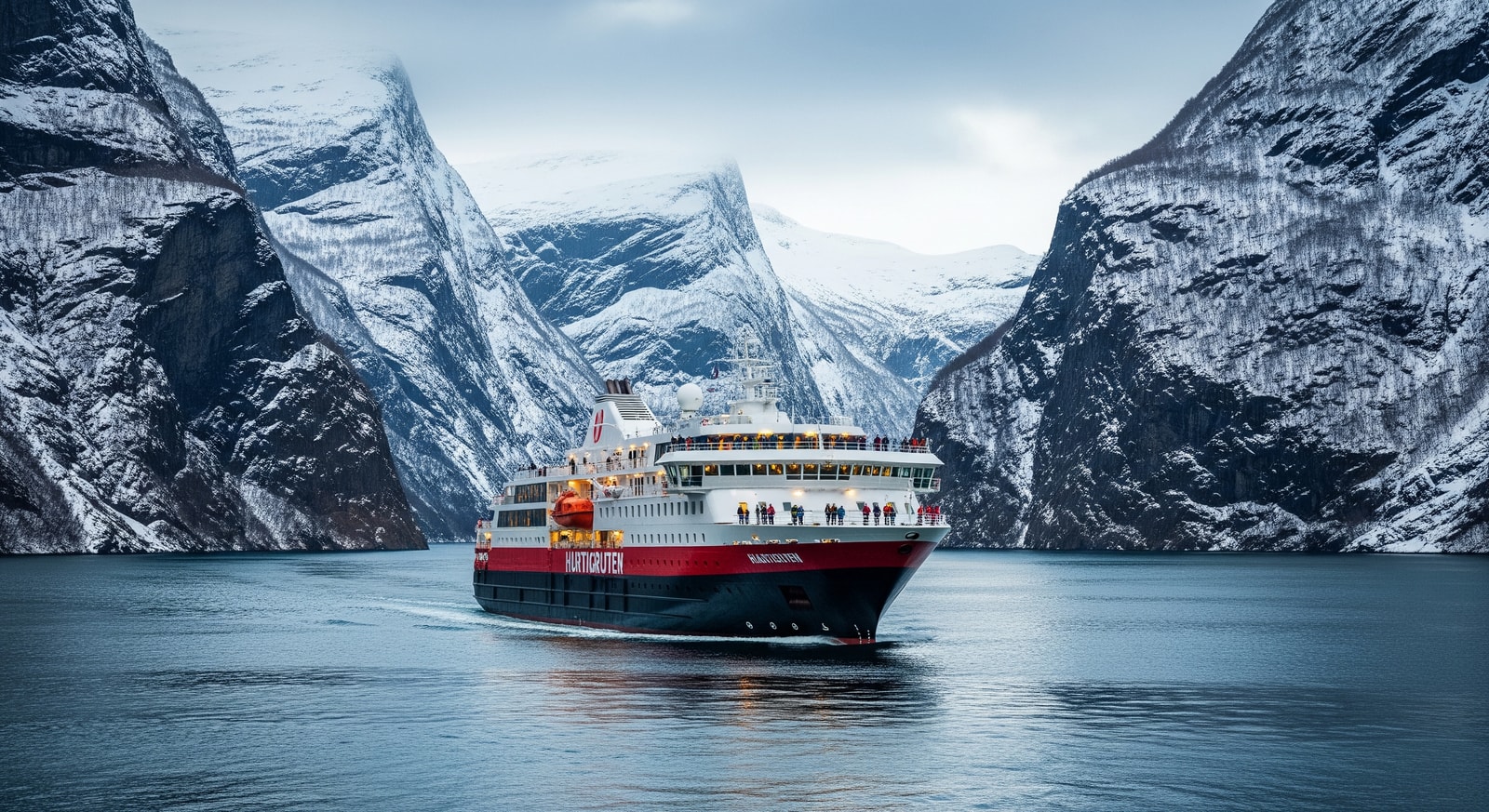 Hurtigruten ship navigating a narrow Norwegian fjord with snowy cliffs