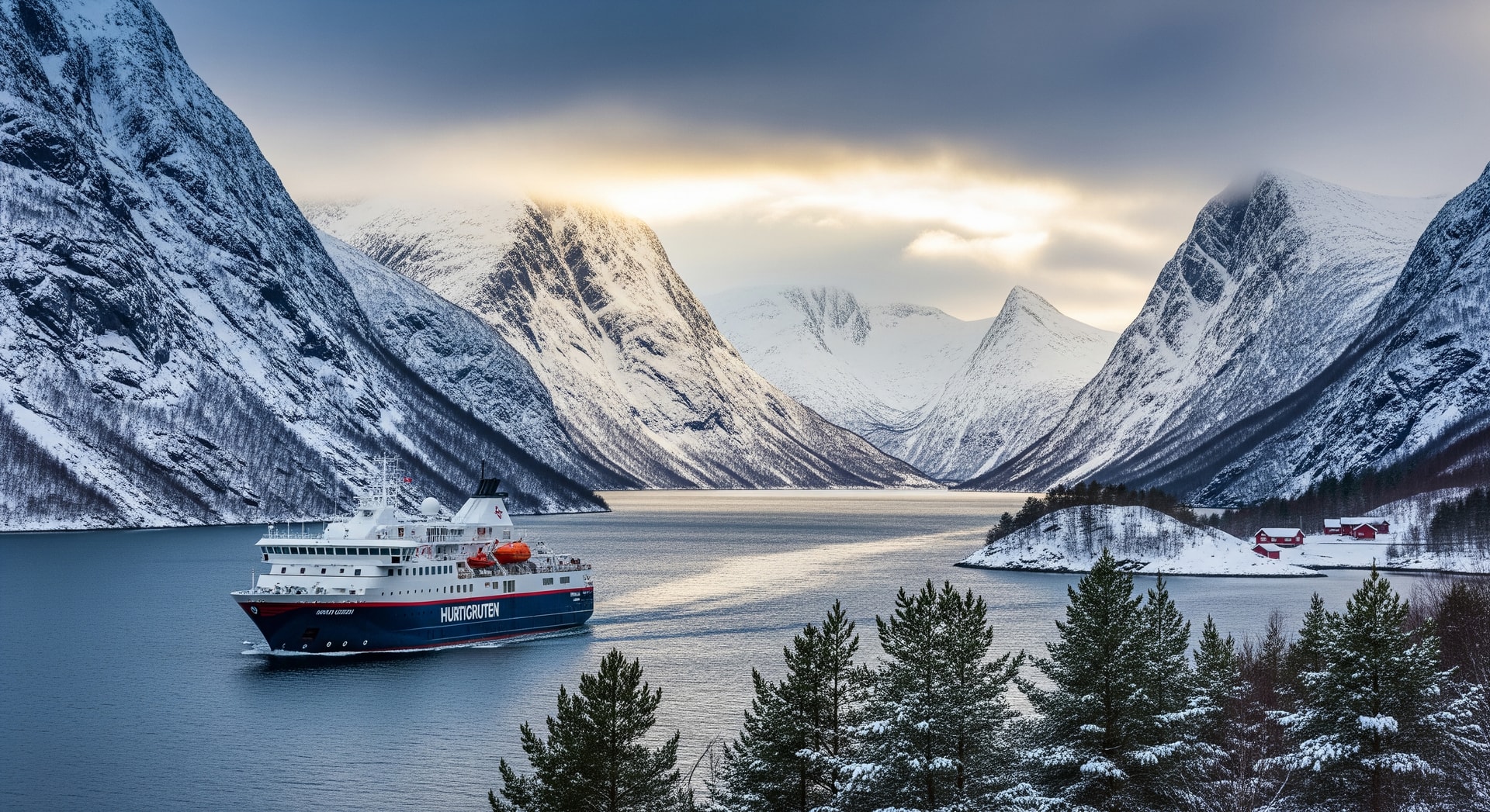 Hurtigruten expedition ship cruising past Norwegian fjords under winter skies