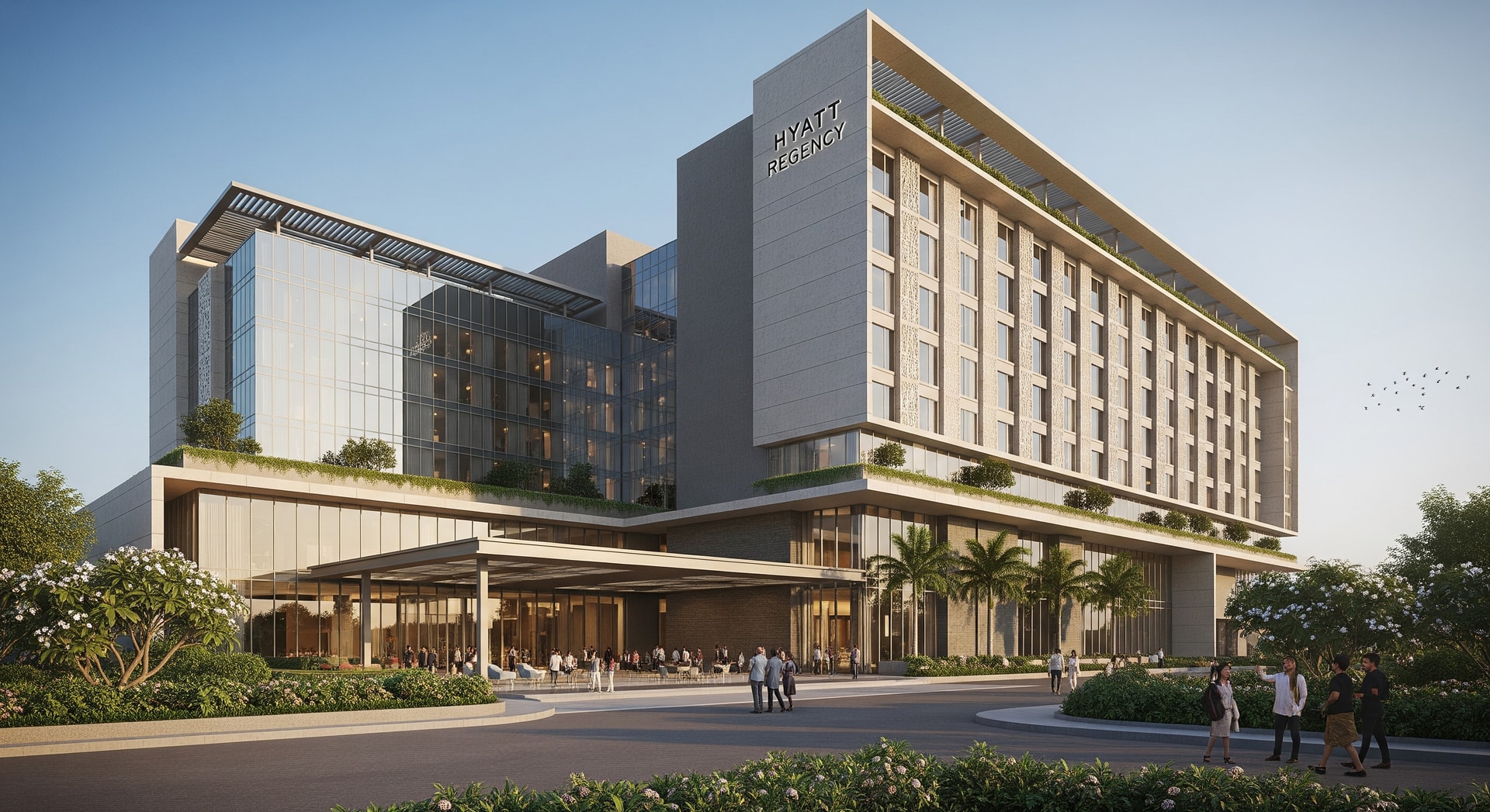 Exterior view of Hyatt Regency Gurgaon, a contemporary hotel in Gurugram, India