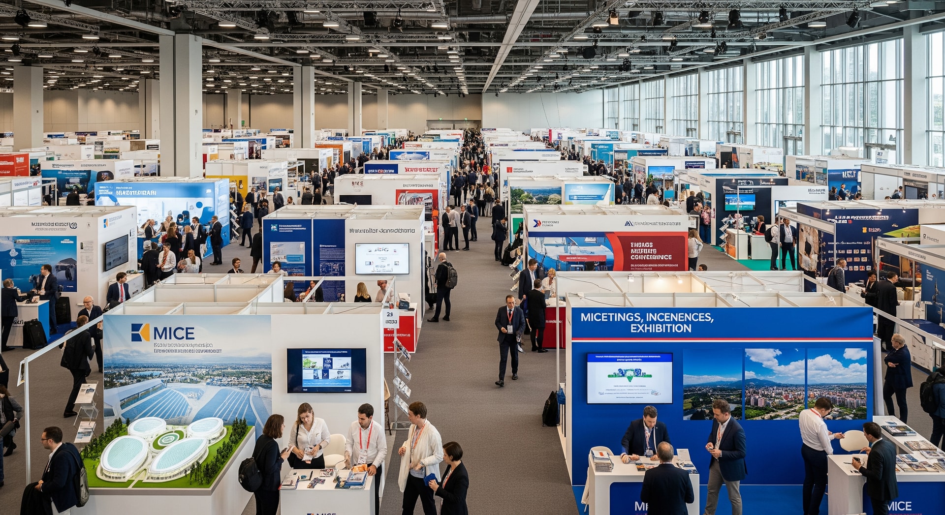 Conference hall with exhibition booths and attendees, representing MICE industry activity