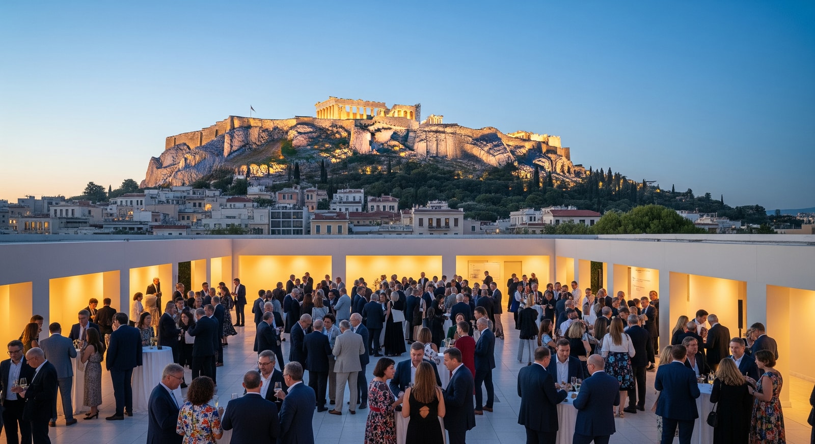 Reception at the Acropolis Museum during IAPCO Annual Meeting 2026 in Athens with delegates and city views
