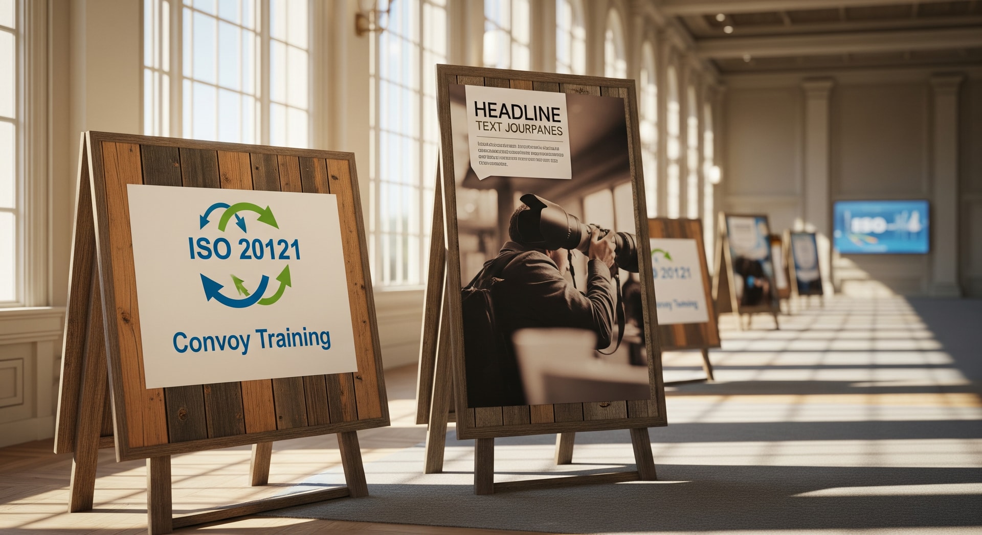 Conference hall with sustainable event signage highlighting ISO 20121 Convoy training