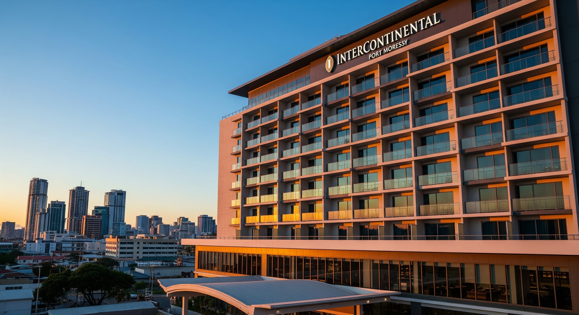 Exterior rendering of InterContinental Port Moresby hotel with city skyline