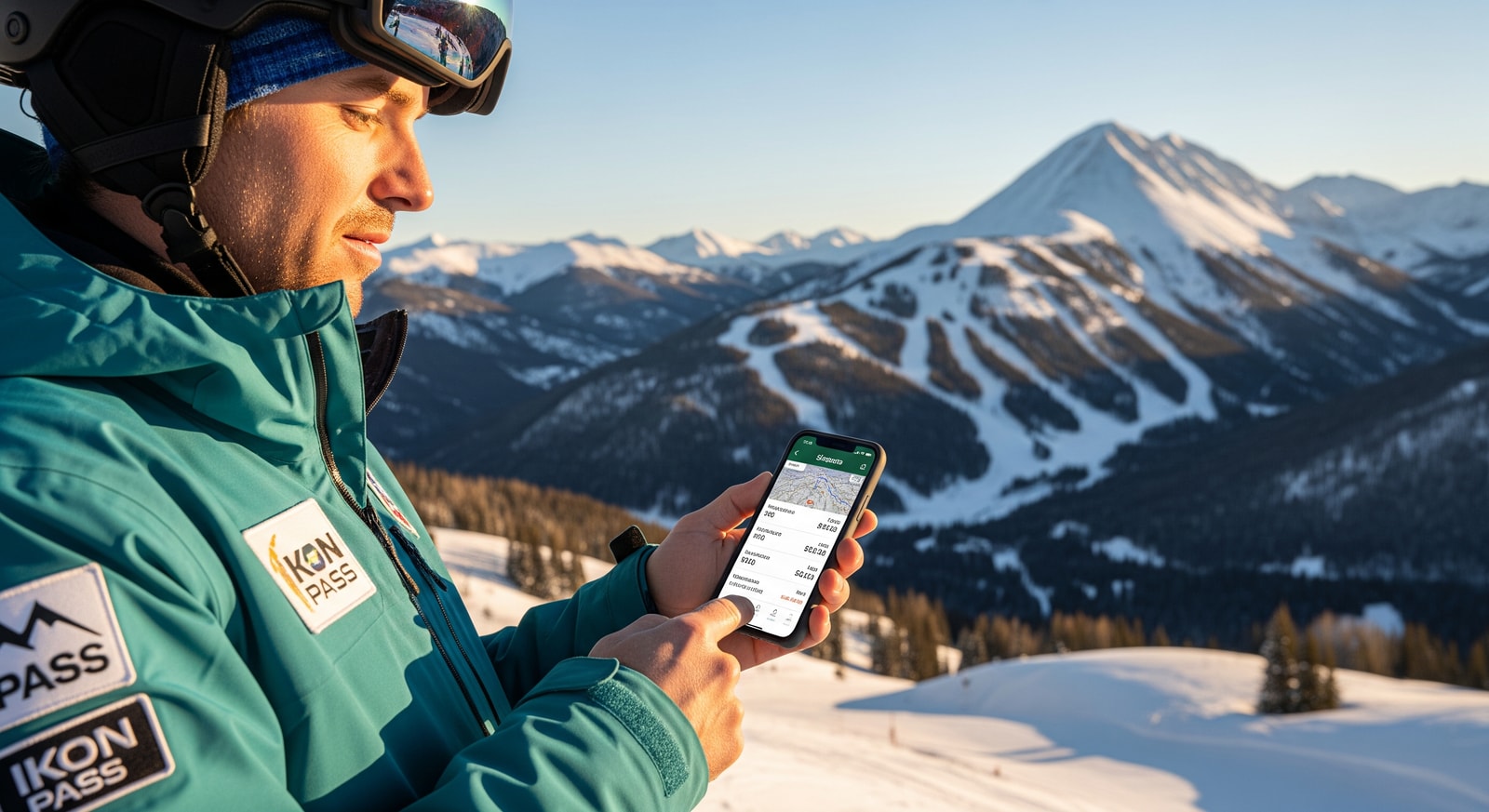Skier reviewing run statistics on a phone app at a mountain resort, showcasing Ikon Pass and Slopes App analytics