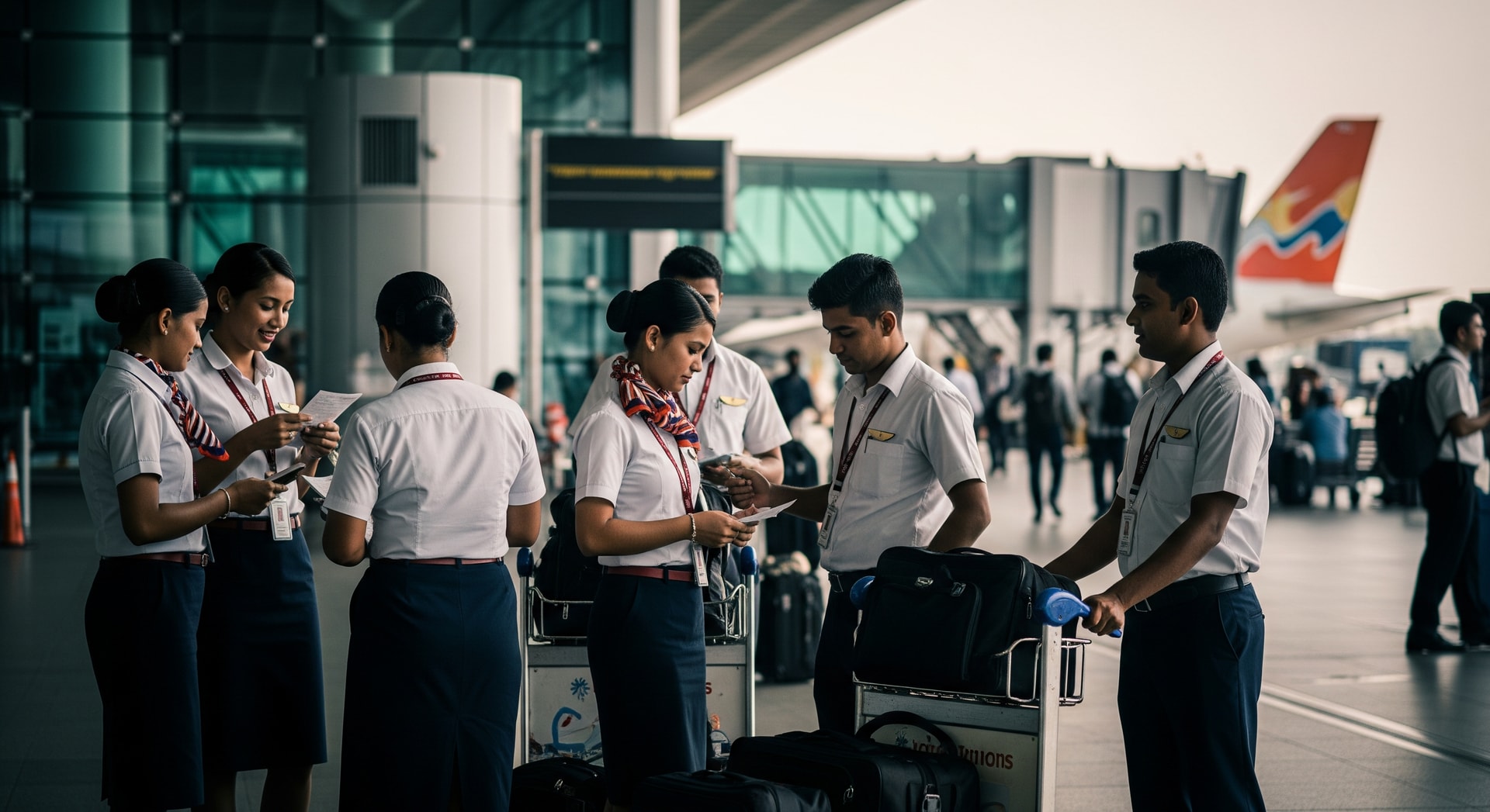 Cabin crew preparing for duty at an Indian airport gate