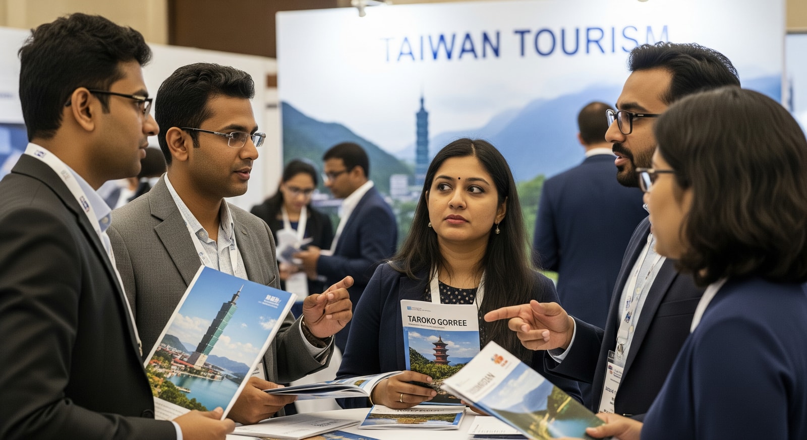 Travel trade professionals meeting at a Taiwan tourism roadshow in India, discussing Taiwan travel products and itineraries