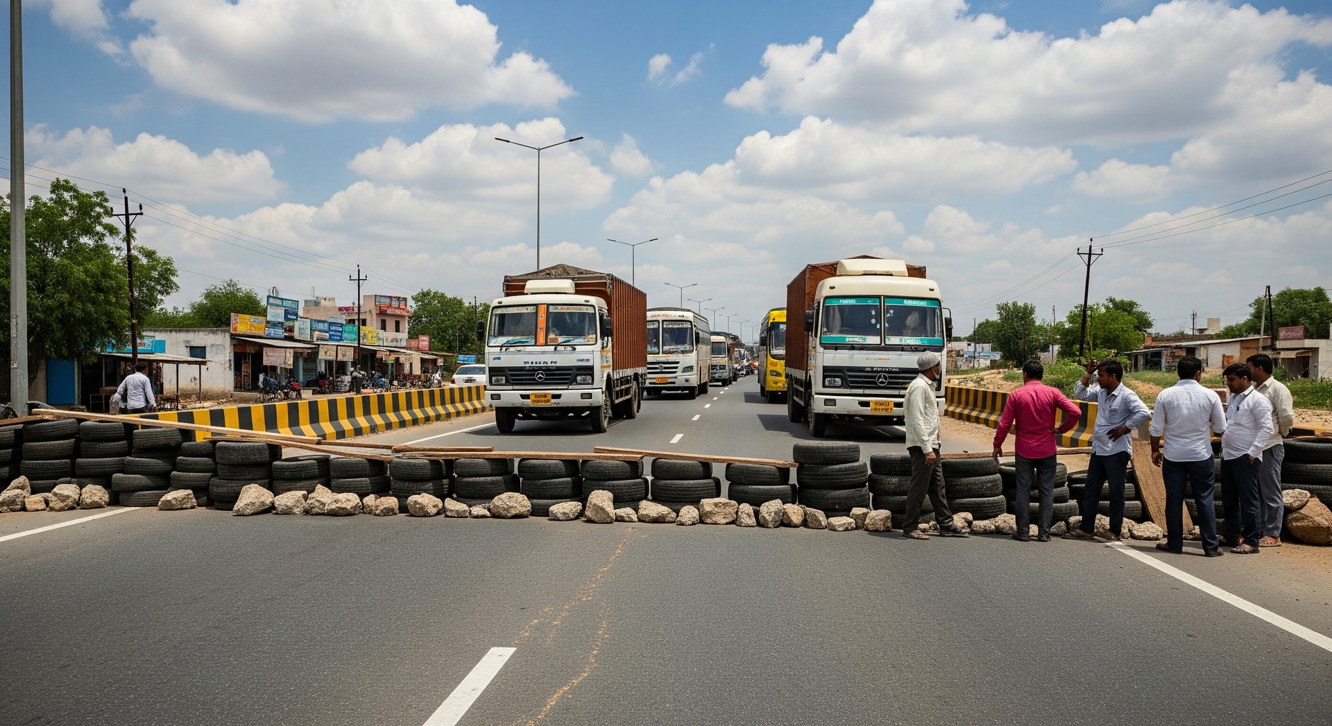 Road blockade during Bharat Bandh in India causing transport disruption
