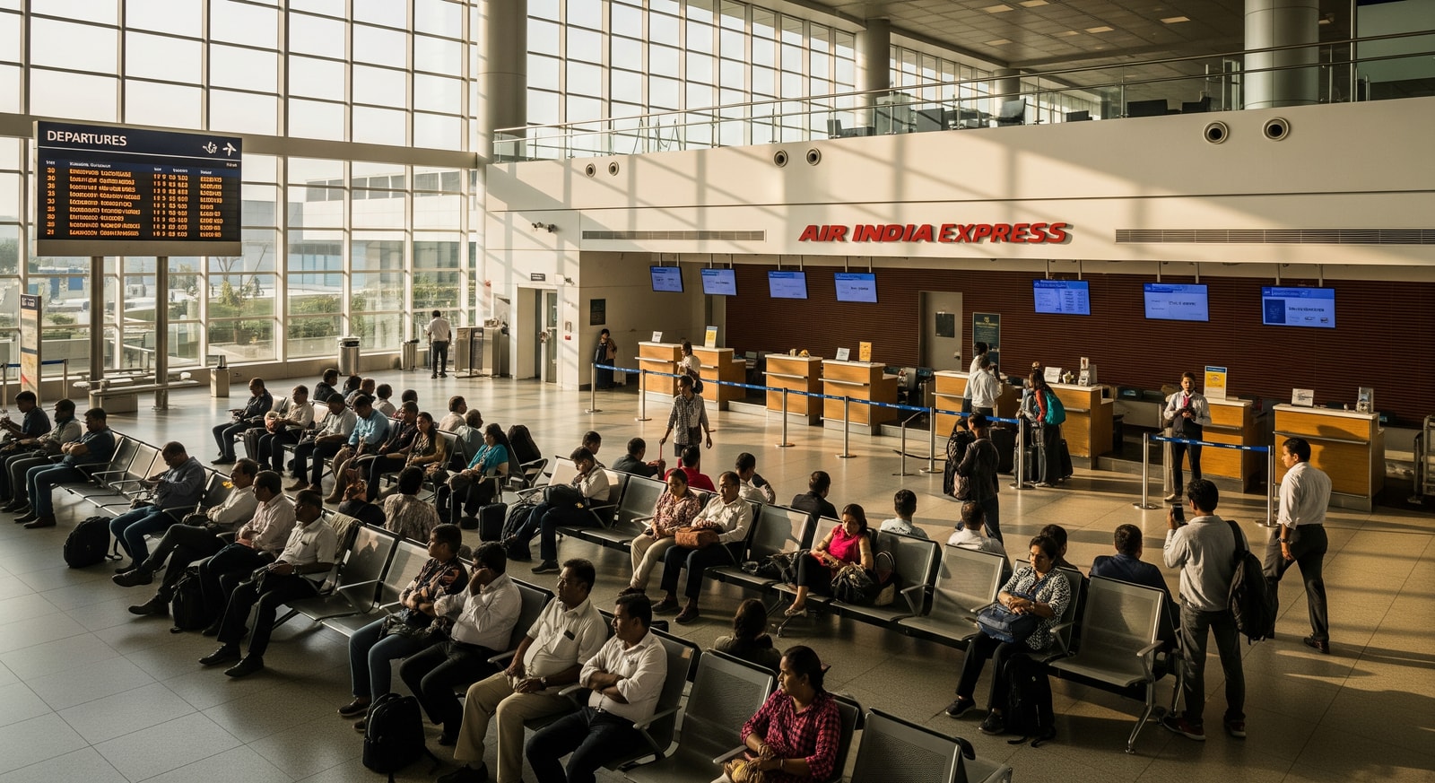 Passengers waiting at Chhatrapati Shivaji Maharaj International Airport during an Air India Express delay
