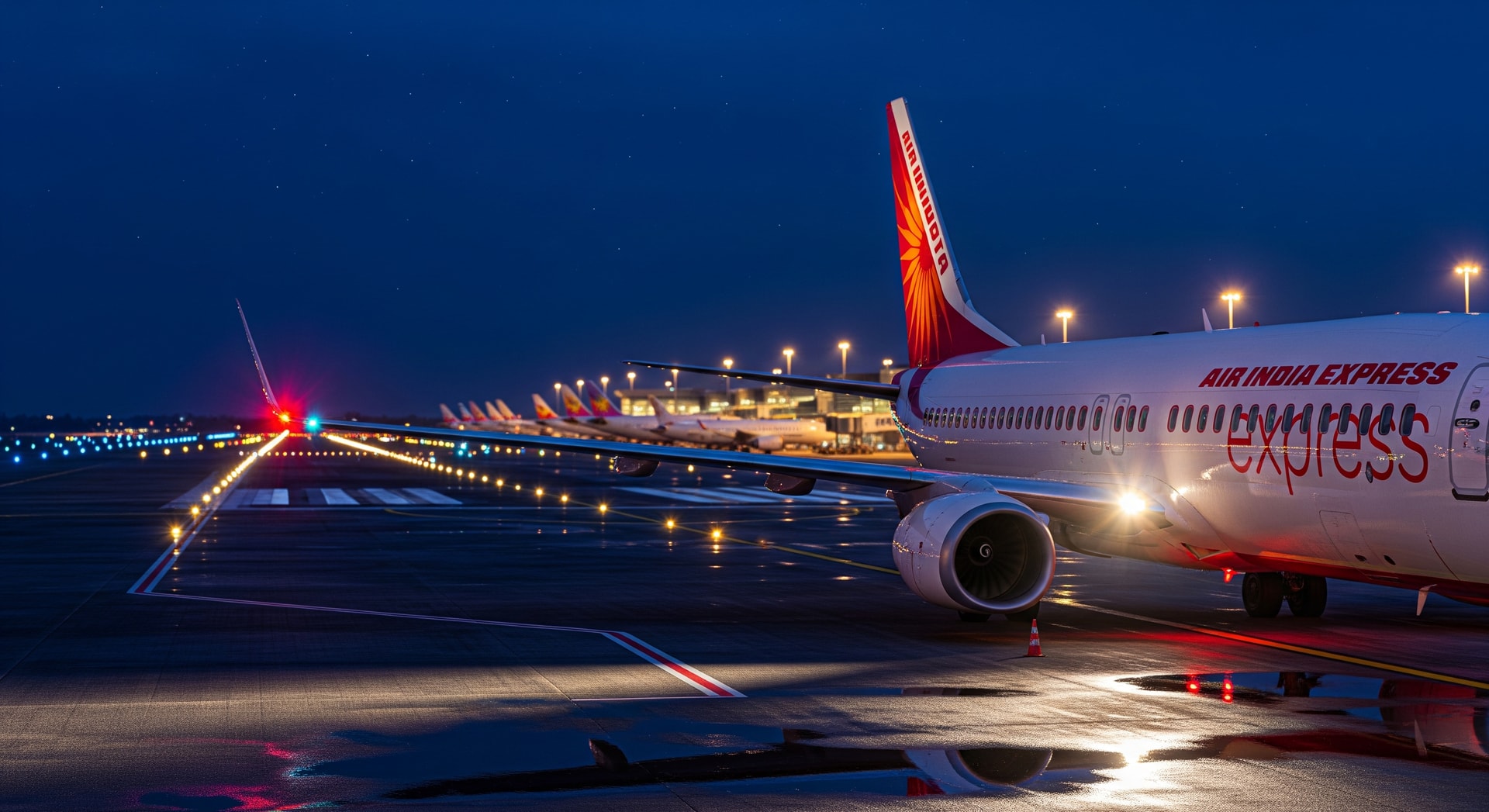 Air India Express aircraft at night at Chhatrapati Shivaji Maharaj International Airport, Mumbai