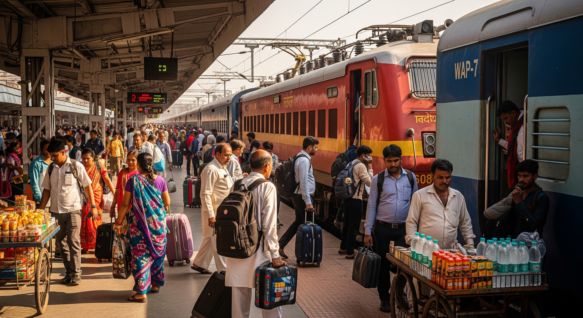 An Indian Railways passenger train at a station platform during peak travel season