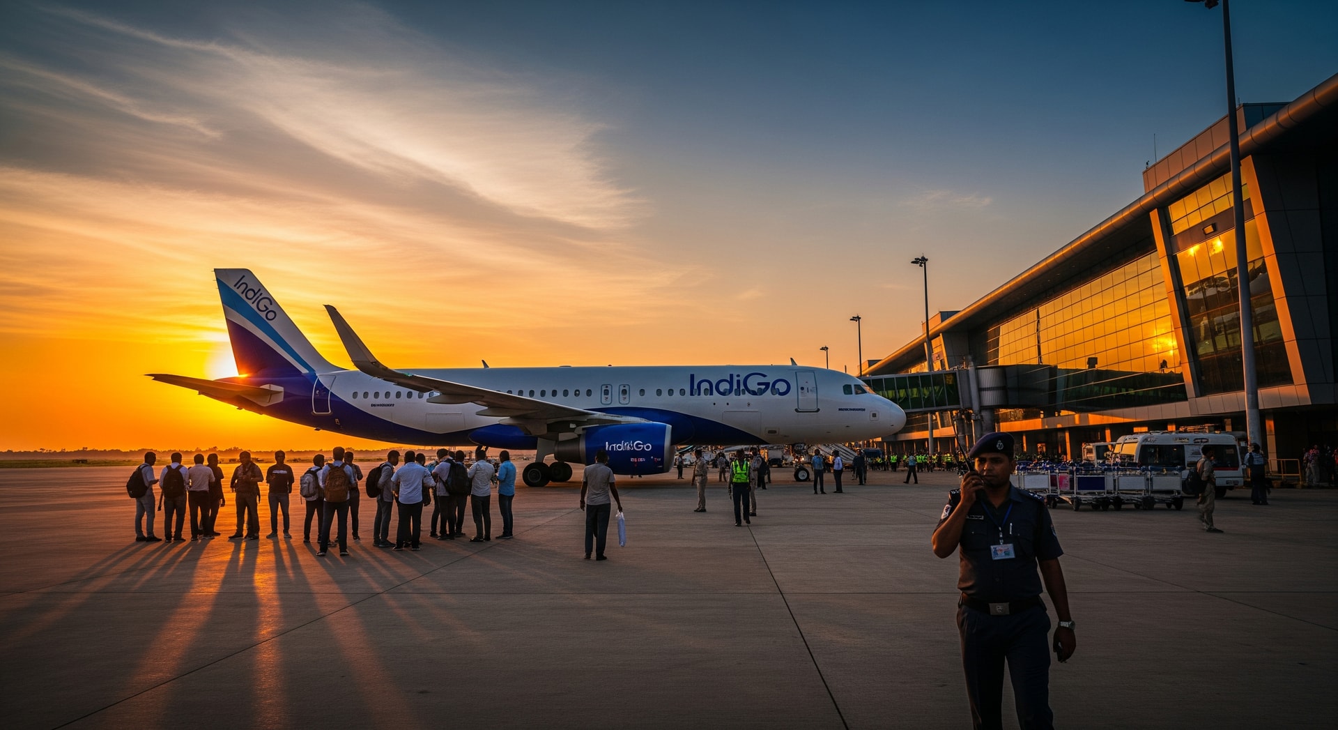 Passengers and security personnel outside an IndiGo aircraft at Kolkata airport after a security incident