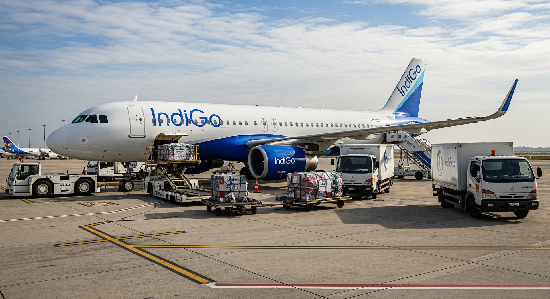 An IndiGo aircraft on the airport apron with ground service vehicles nearby