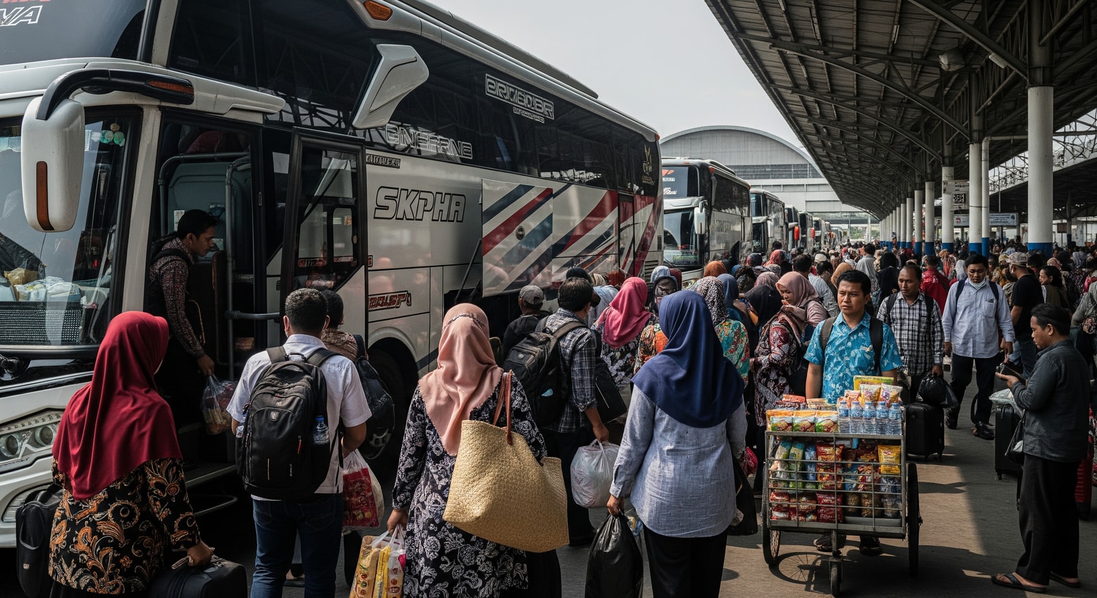 Packed Indonesian transport hub during Mudik with buses and passengers preparing to depart