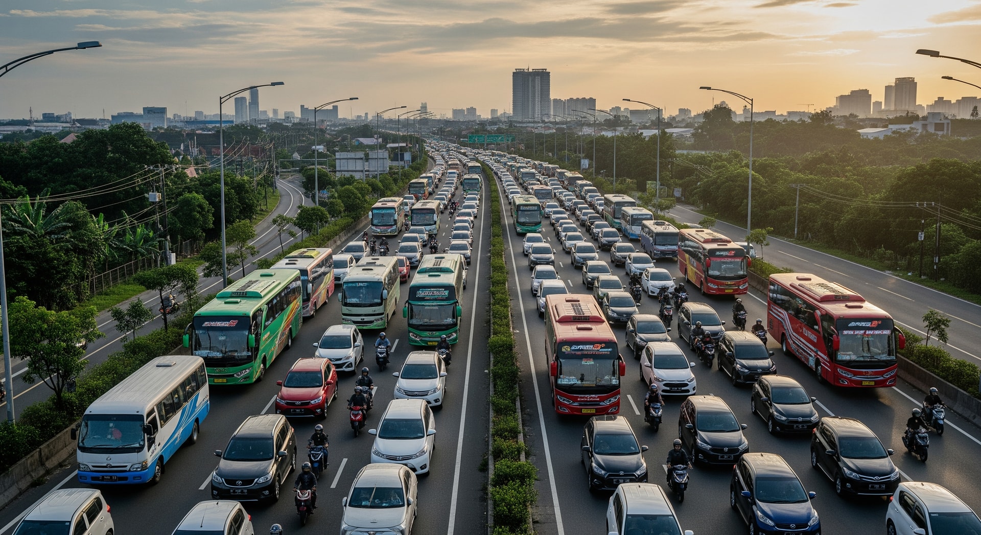 Crowded Indonesian highway during Mudik showing cars, buses and motorcycles heading out of a major city