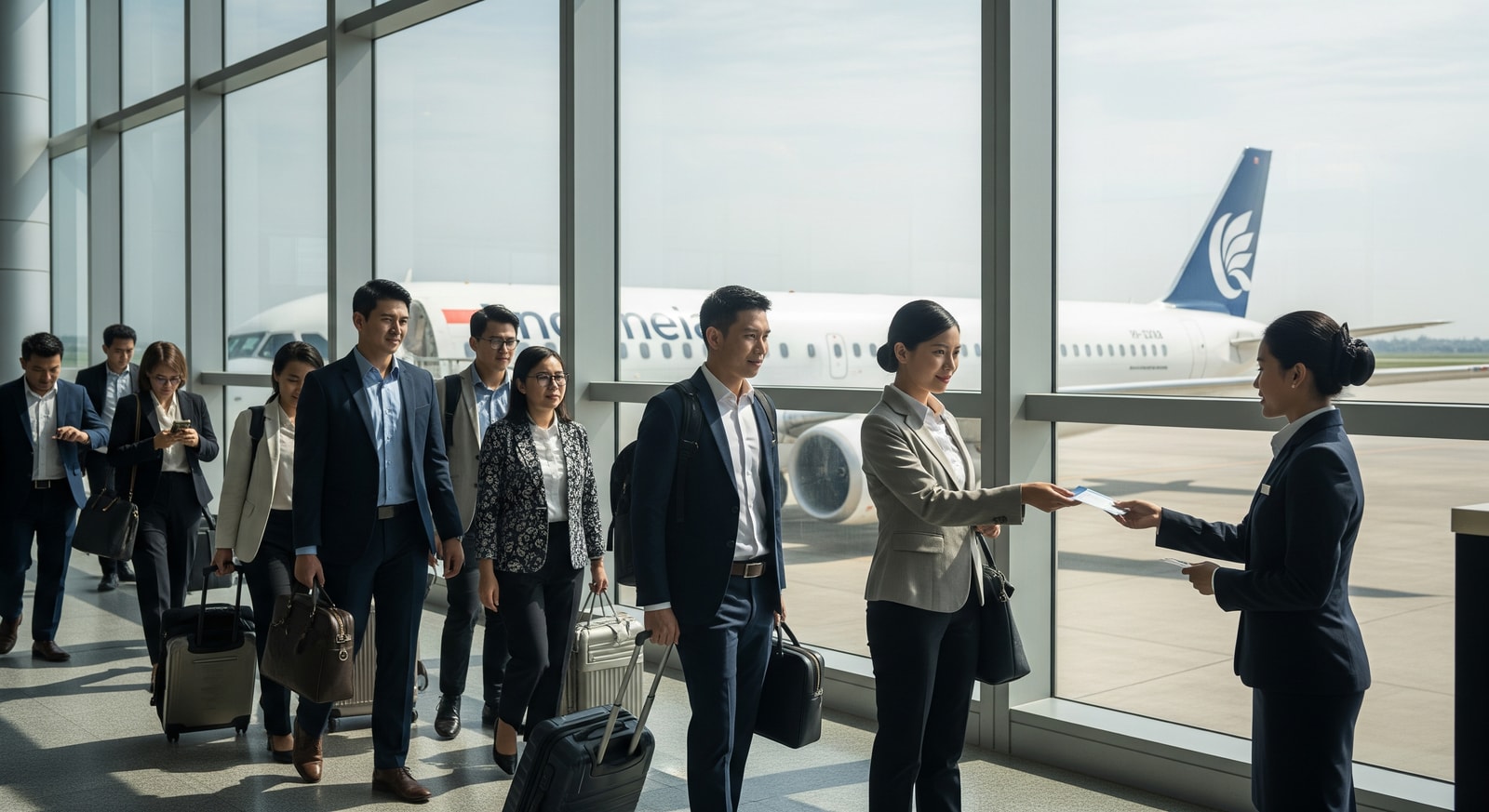Passengers boarding an Indonesian airline, illustrating improved connectivity under the aviation restructuring