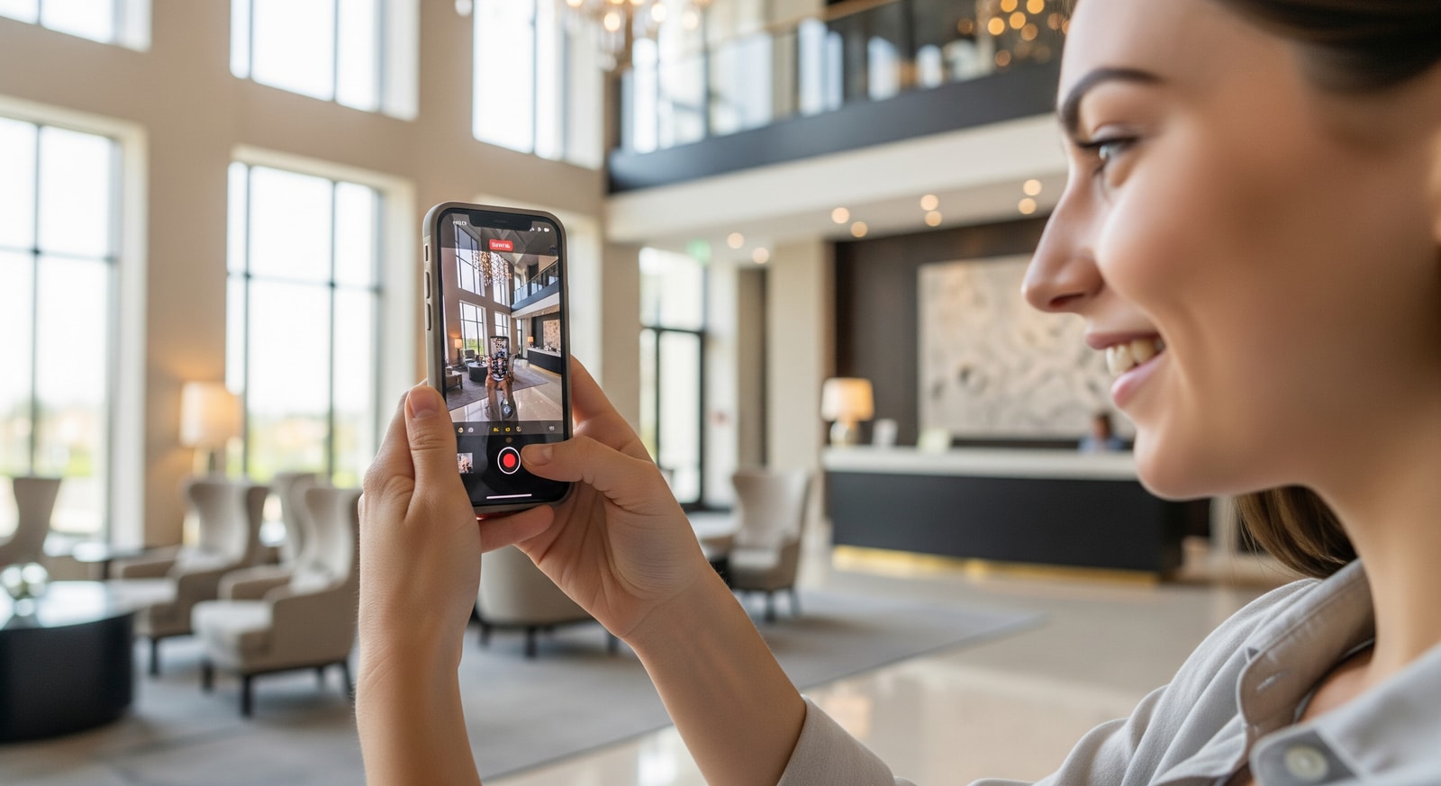 An influencer recording a sponsored travel experience on a phone with a hotel lobby in the background, illustrating influencer marketing transparency in tourism