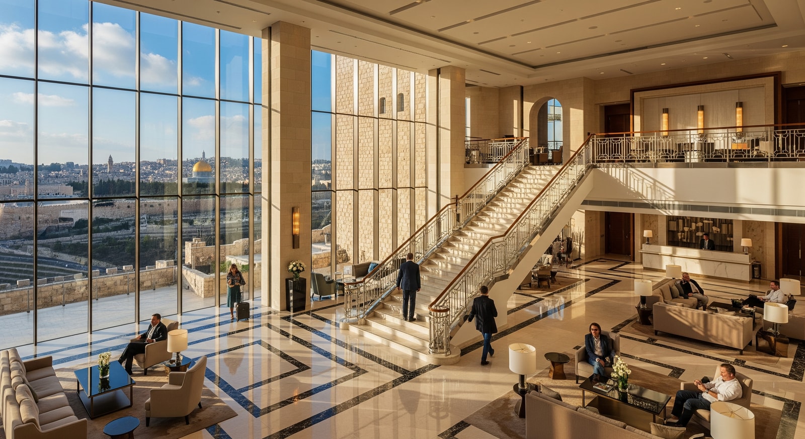Lobby and façade concept of InterContinental Jerusalem showing luxury interior design and views of the historic city