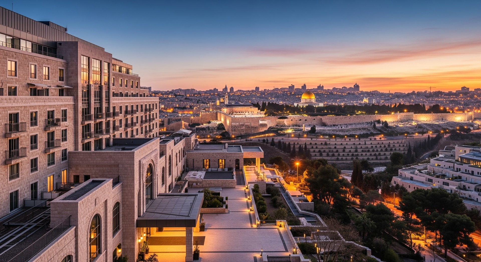 Exterior of a luxury hotel in Jerusalem with historic city skyline in the background