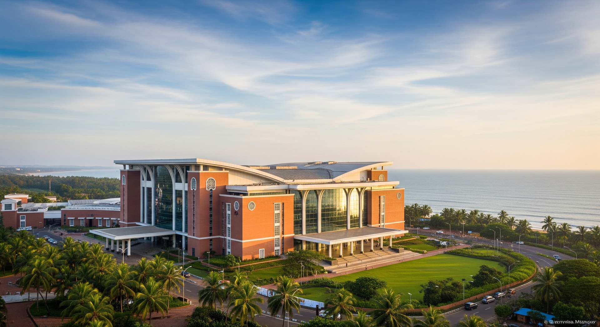 Exterior view of the International Convention and Expo Centre Goa set against a coastal backdrop