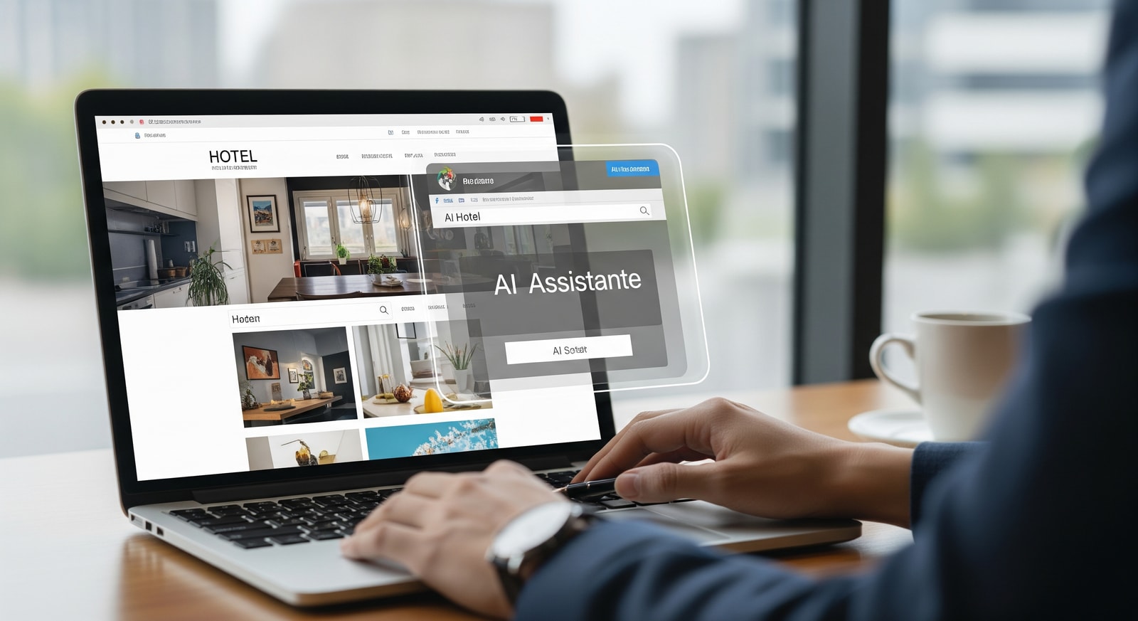 Hotel website displayed on a laptop with AI assistant interface overlay symbolising AI hotel website disruption