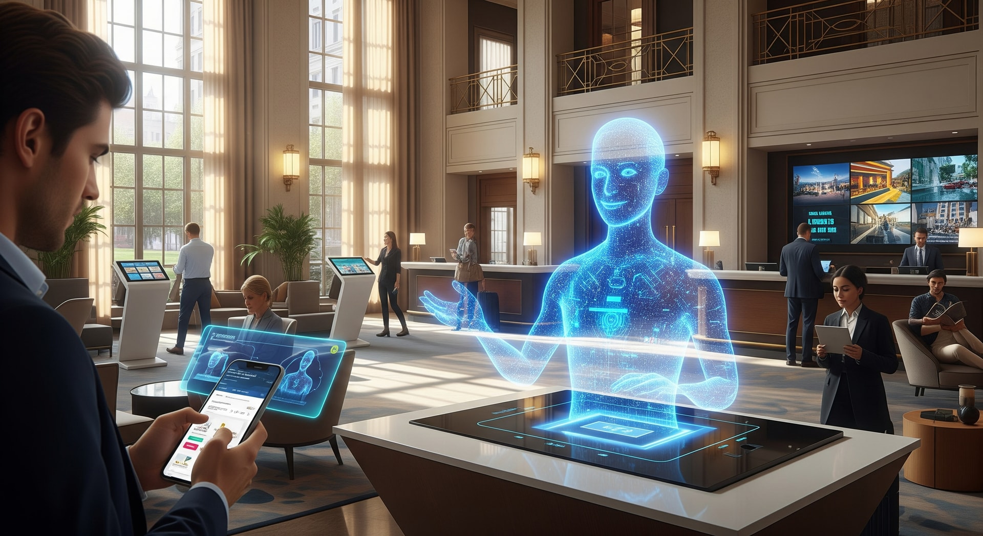 Hotel lobby with digital interface and AI assistant overlay representing AI hotel website disruption