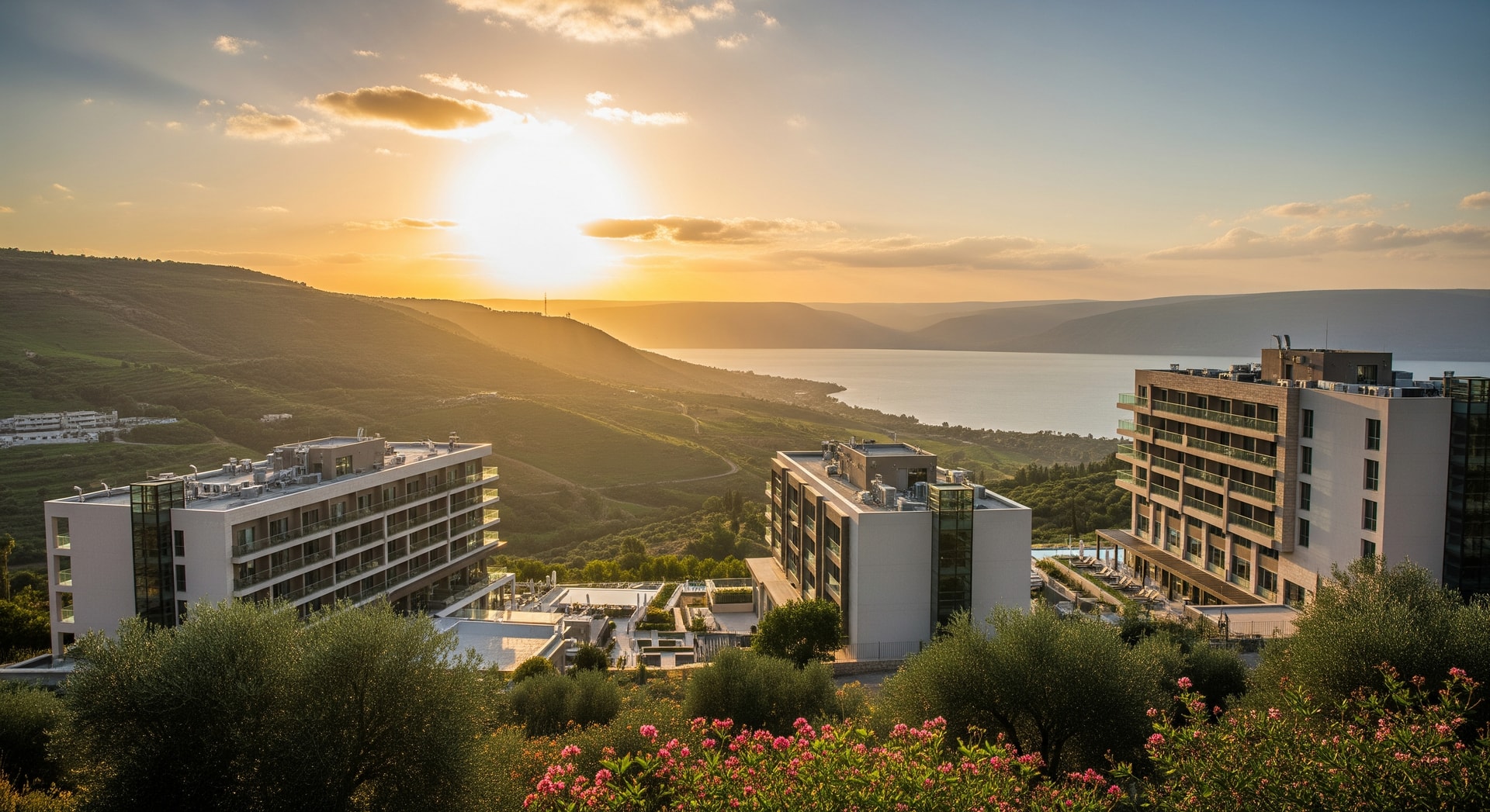 Exterior view of hotels in northern Israel with Galilee landscapes