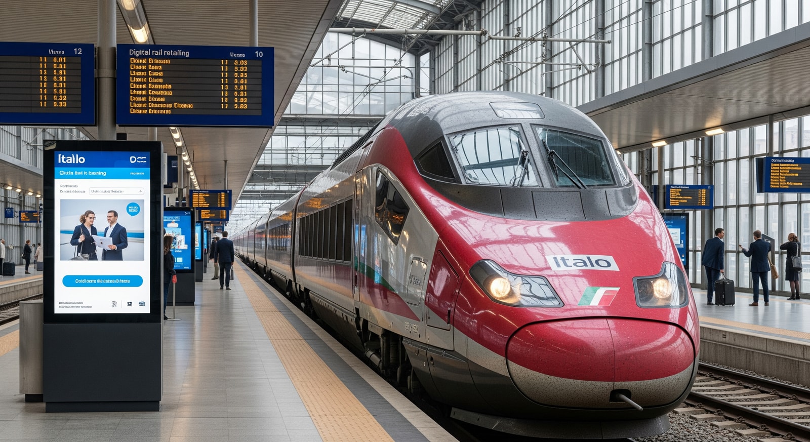 Italo high-speed train at station symbolising digital rail retailing and modern fleet
