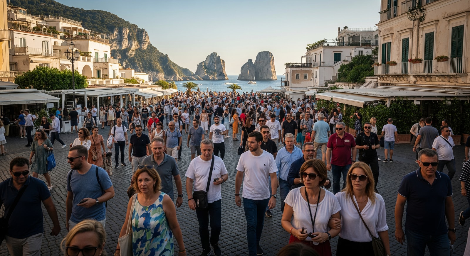 Crowded Piazzetta in Capri with tourists and tour groups near the Faraglioni rocks