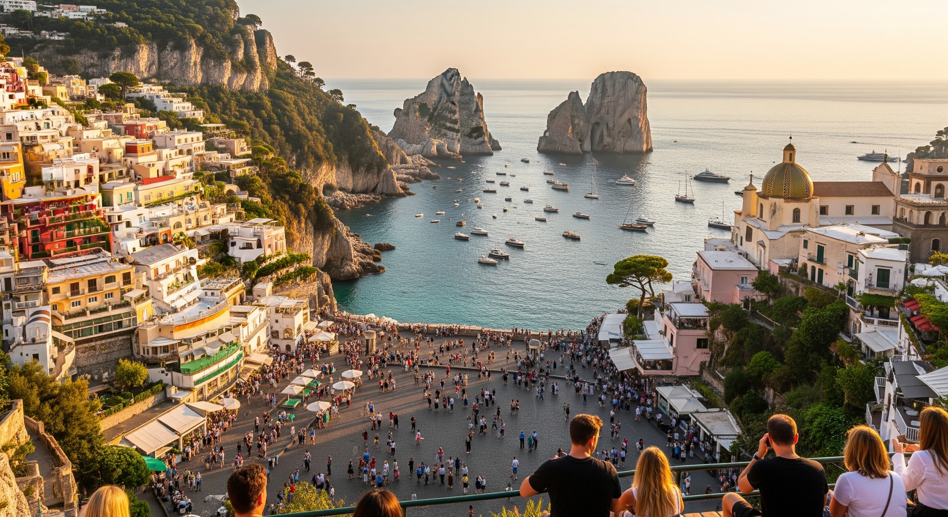 Scenic view of Capri's Piazzetta and Faraglioni rocks, highlighting the island's crowded tourist hotspots