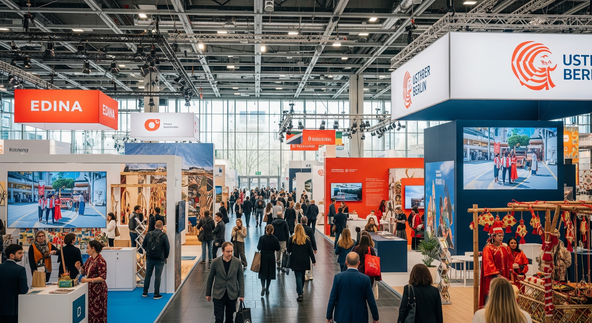 Exhibition halls at ITB Berlin with international pavilions and visitors