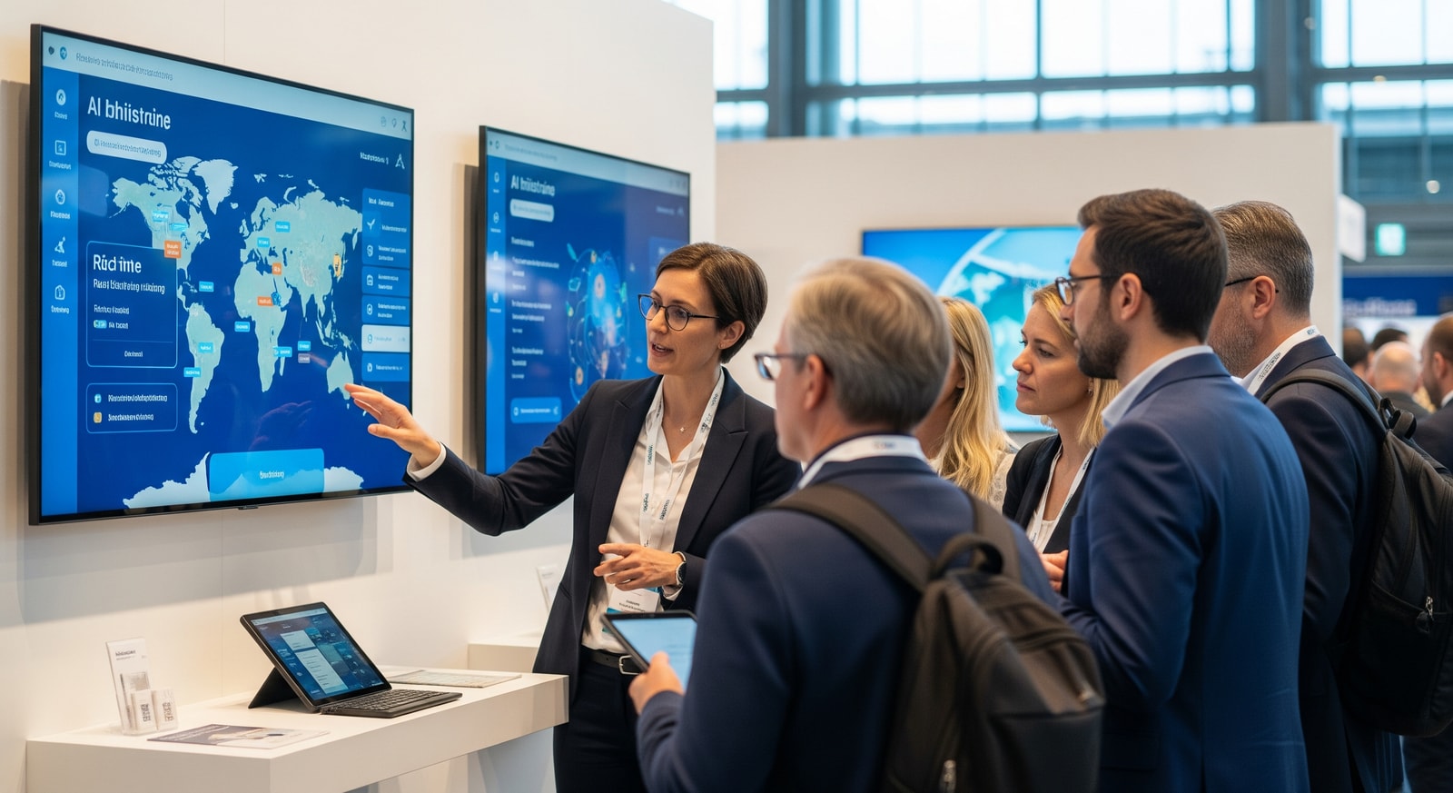 Exhibitors demonstrating AI-driven travel technology at a trade show in Berlin