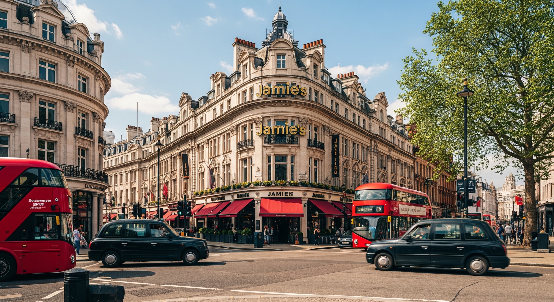 Exterior view of Leicester Square with signage for Jamie’s Italian, London dining and Italian cuisine