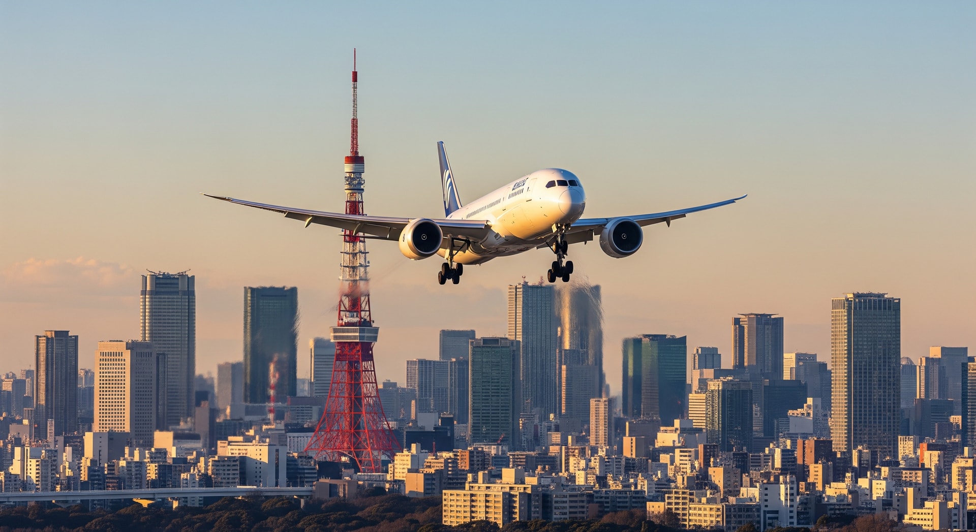 Airliner approaching a Japanese airport with city skyline in the background