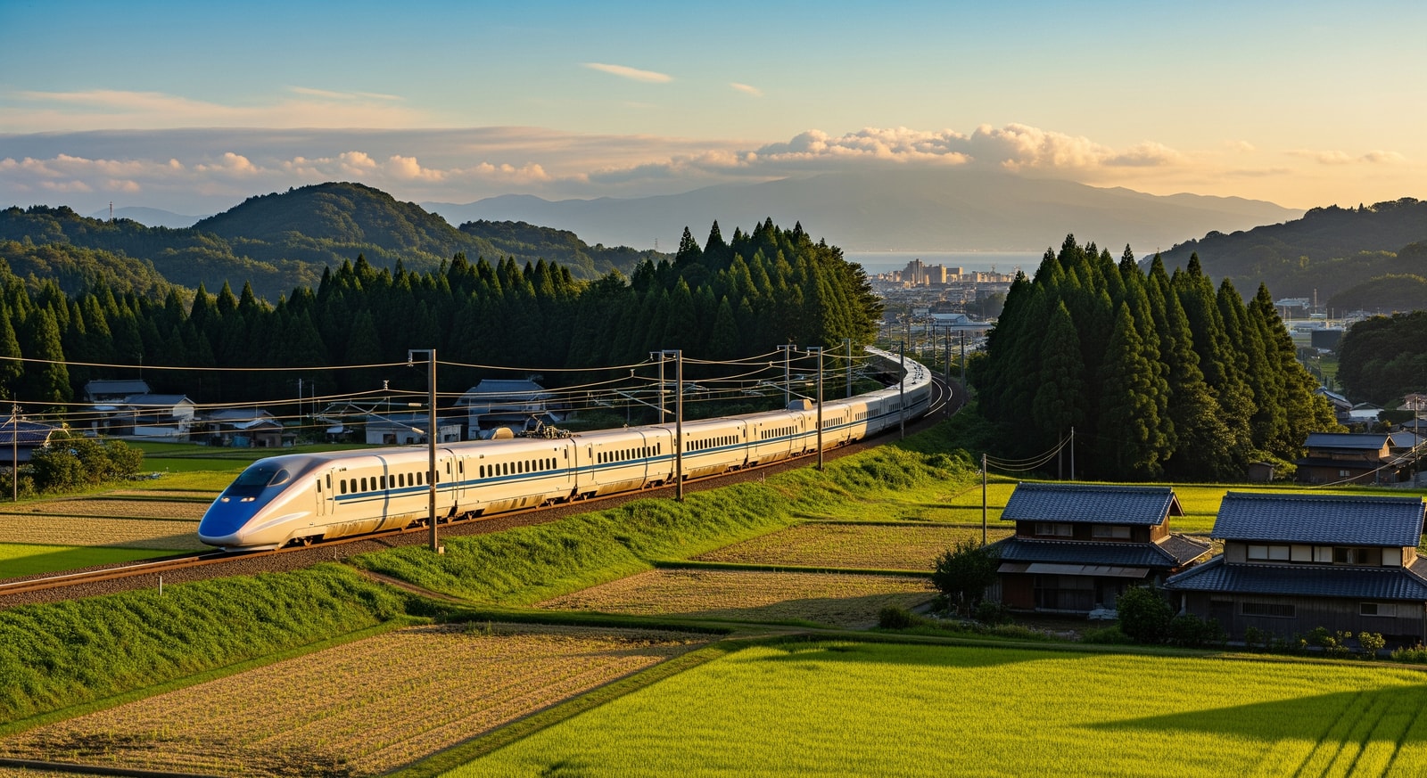 Kyushu Shinkansen train passing scenic landscape en route to Kagoshima, highlighting regional travel connections