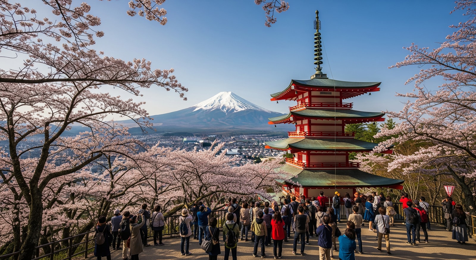 Visitors gather at a cherry blossom viewpoint near the Chureito Pagoda with Mount Fuji visible in Fujiyoshida, Japan, during peak season