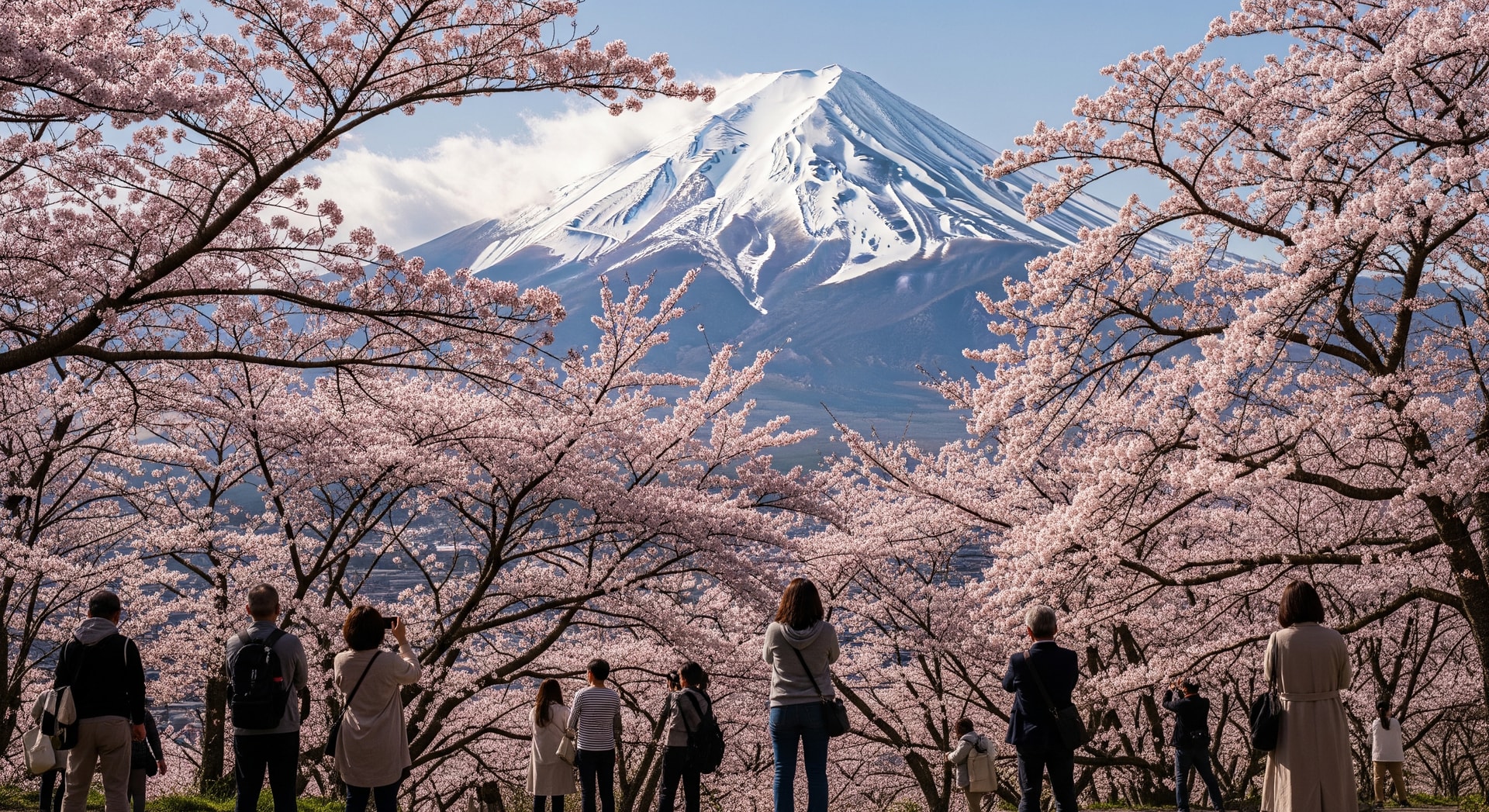 Cherry blossoms near Mount Fuji with visitors viewing the scenery in Fujiyoshida, Japan