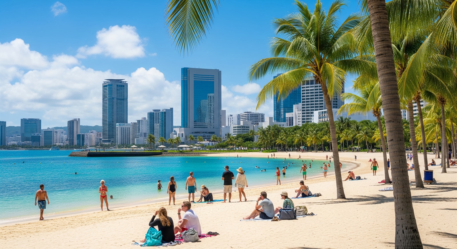 Travelers enjoying a sunny beach and city skyline representing popular winter escape destinations like Okinawa and Bali
