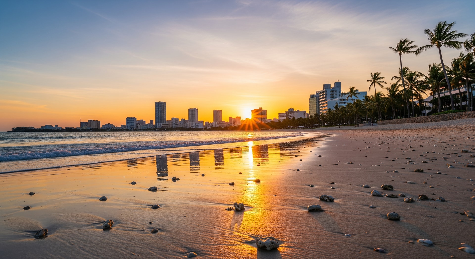 Sunlit beach and skyline representing popular winter escape destinations like Okinawa and Bali