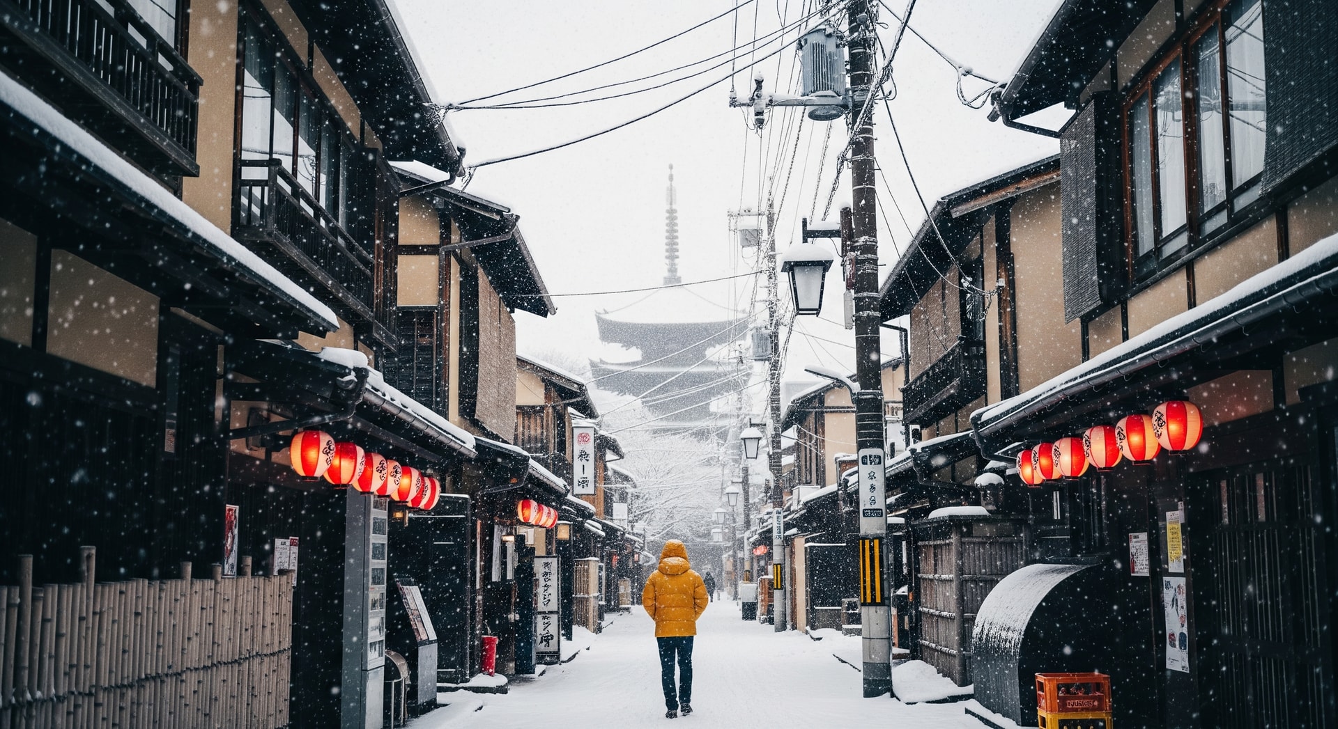 Snow-covered street in a Japanese city during a winter storm