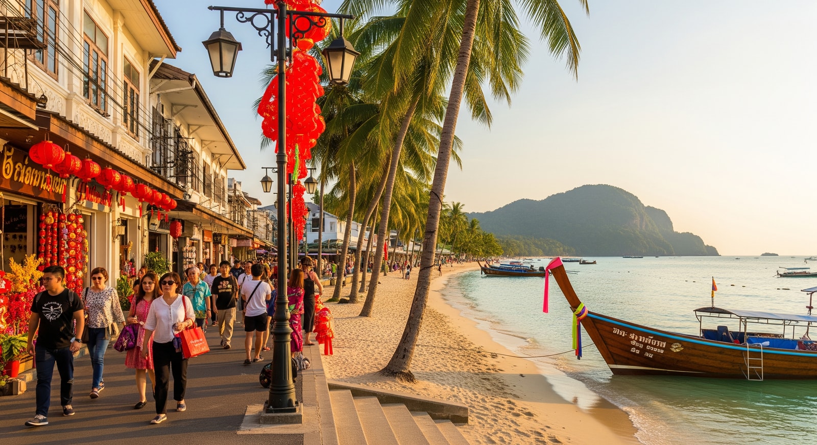 Tourists exploring a tropical beach and city attractions in Thailand during Lunar New Year