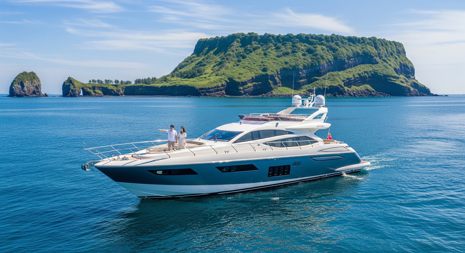 A yacht sailing along Jeju Island’s coastline in South Korea, highlighting luxury maritime tourism