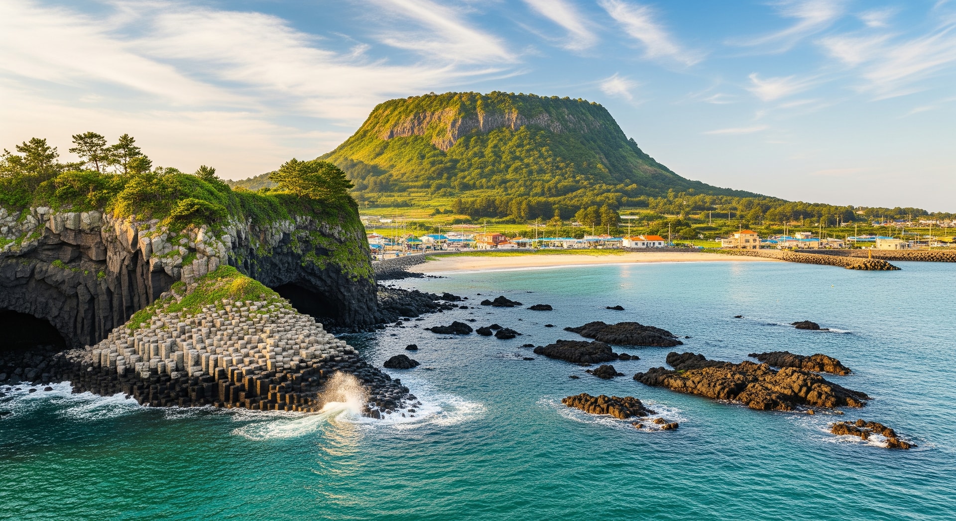Coastal scenery on Jeju Island, South Korea, viewed from the sea