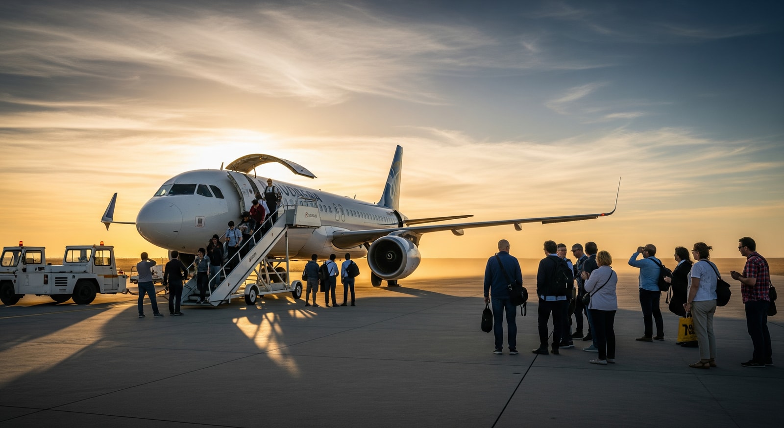 Passengers disembarking an aircraft after an unscheduled landing, illustrating a flight diversion incident