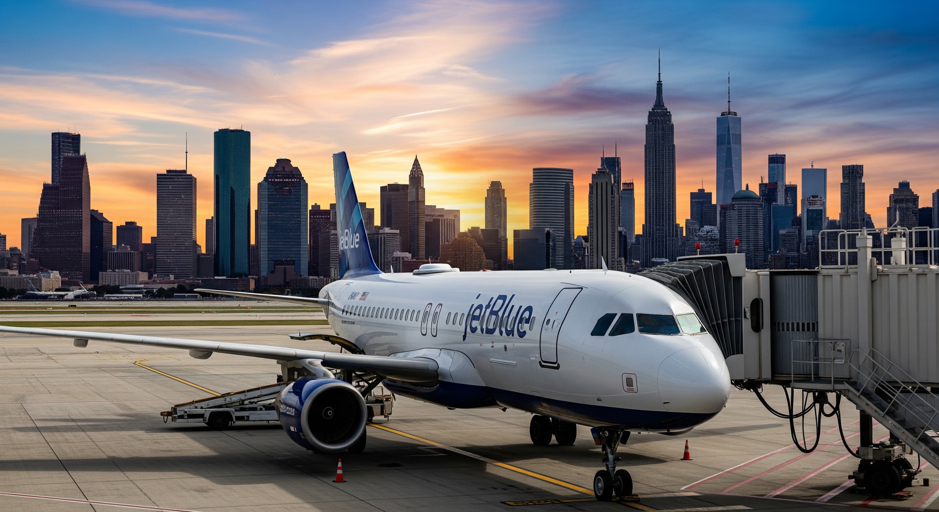 JetBlue aircraft at an airport gate with skyline silhouettes of Houston and New York in the background