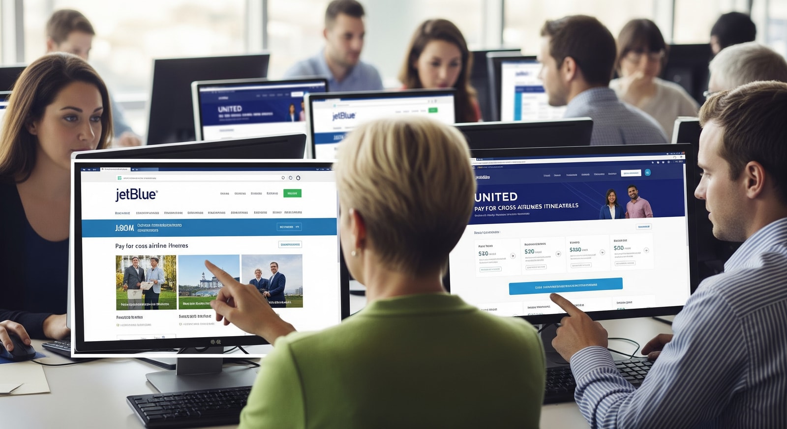 Passengers booking cross-airline itineraries on JetBlue and United websites showing miles and cash payment options