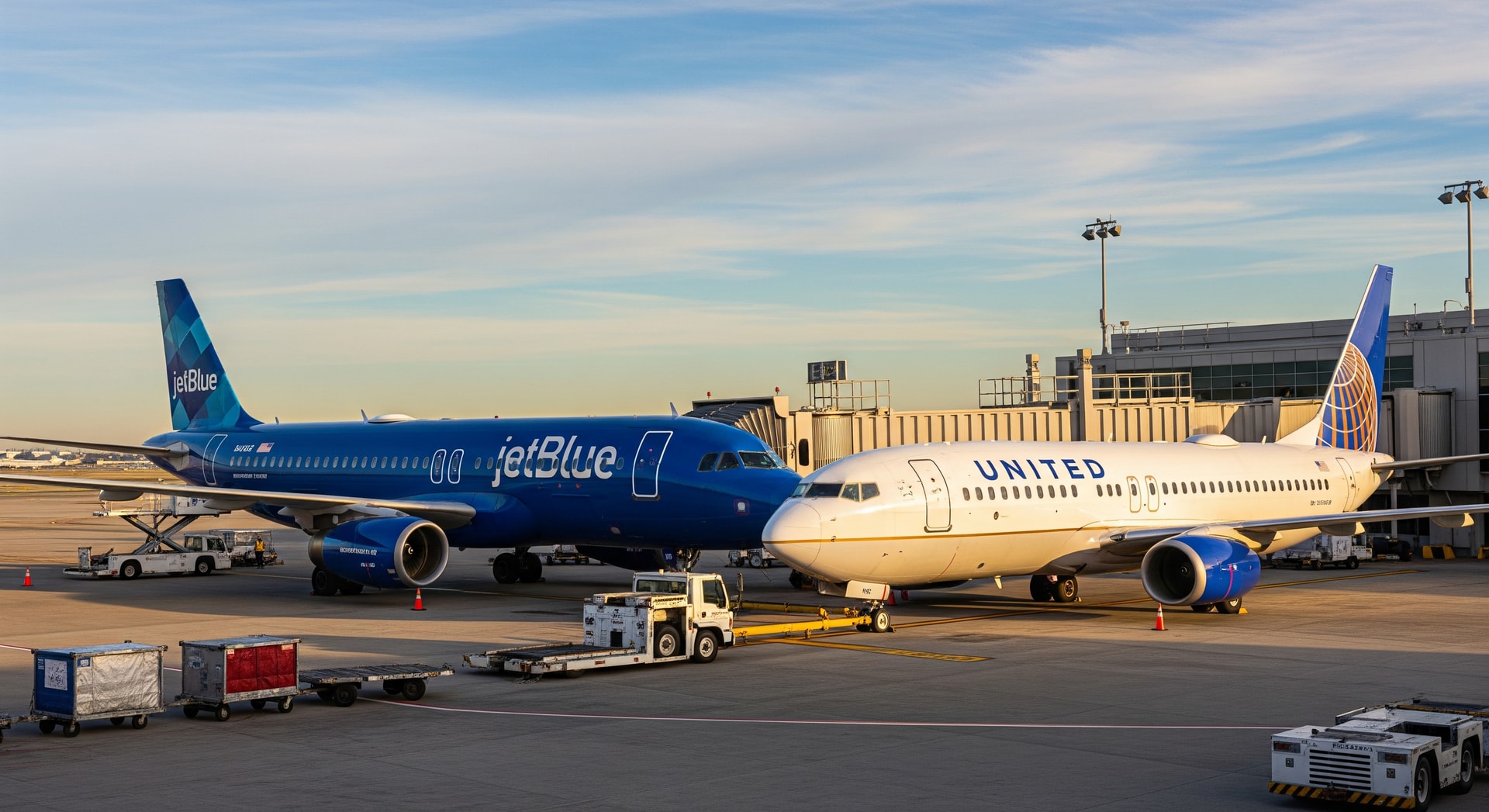 JetBlue and United aircraft at gates illustrating cross-airline booking partnership